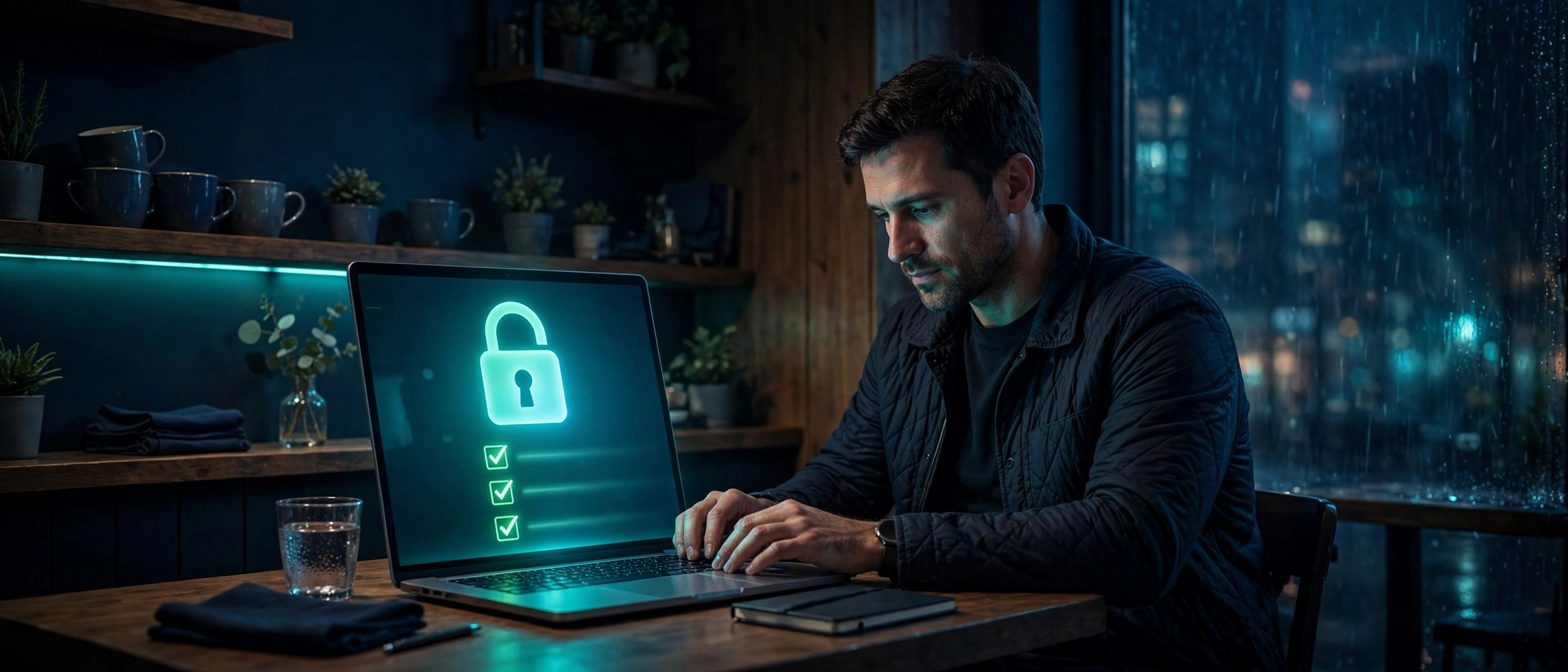 Business owner at a laptop with a glowing padlock on screen